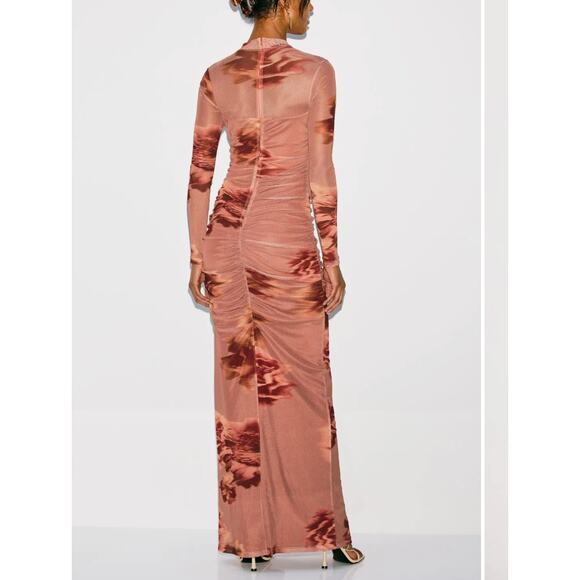 Black Halo Mesh Ruched Maxi Dress SIZE 4 Jersey Gown Watercolor Designer $500 - Picture 3 of 11